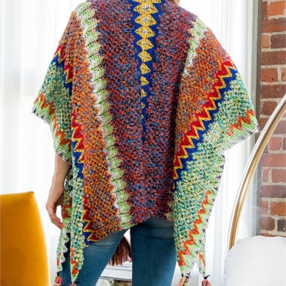 FALL VIBES KNIT ZIGZAG PATTERN TASSEL DETAILED KIMONO MULTI COLOR - Picture 3 of 7